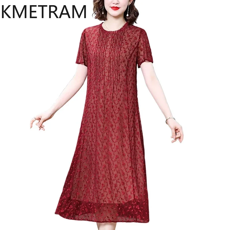 

KMETRAM 100% Mulberry Silk Embroidery Dresses 2024 Women Summer Dress New in Luxury Long Dresses Loose Womans Clothing Vestidos