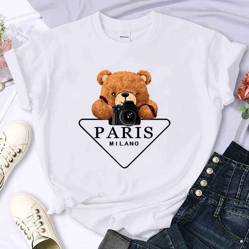 Paris Bear For Women's Luxury Brand High-Quality Summer Print T-shirt 100% Cotton Casual Oversized Y2k Personality Sleeve O-neck