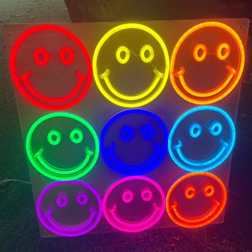 Colorful smiling face neon sign, used for wall decoration, OK gesture LED light, with dimmable children\'s game room bedroom