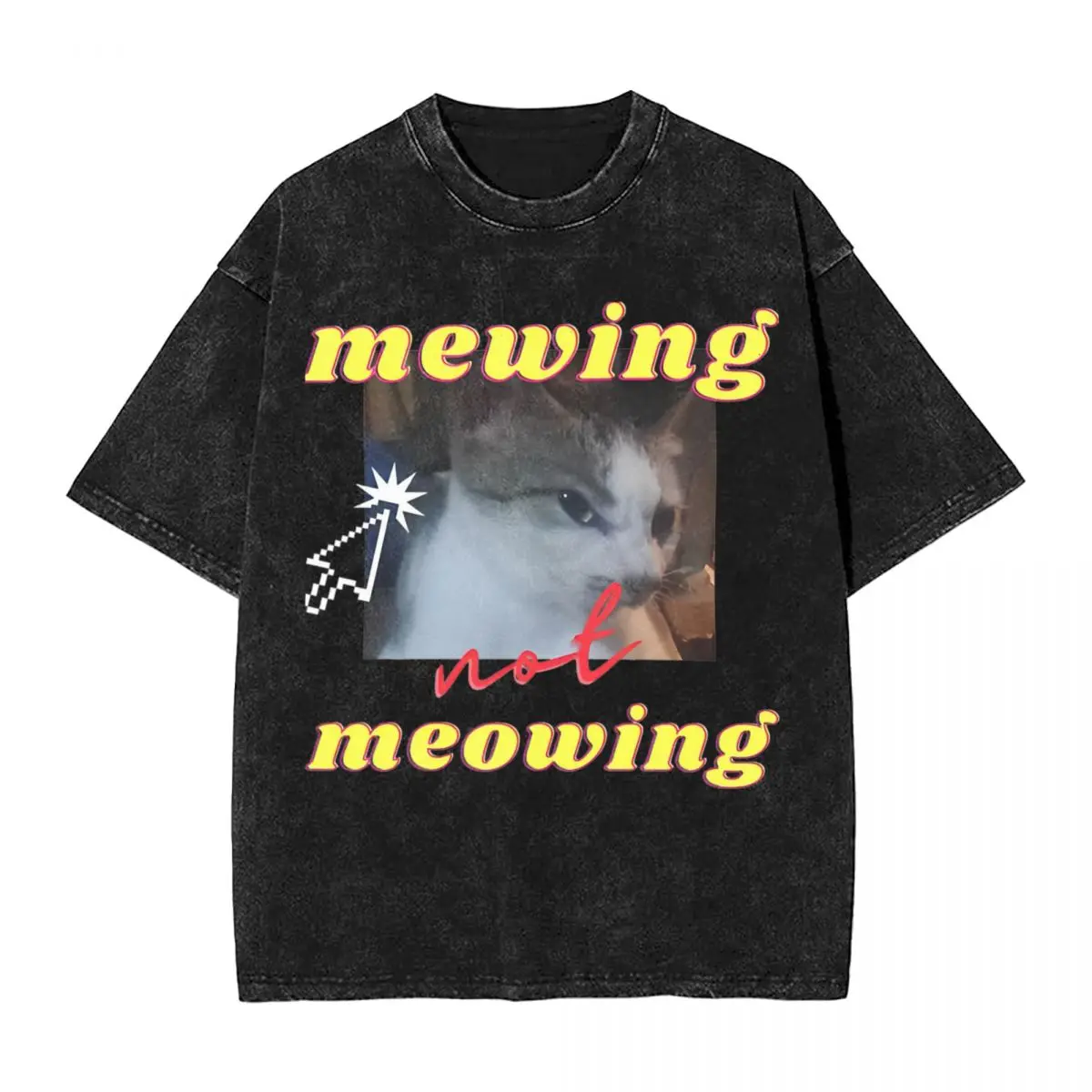 

Mewing Not Meowing Washed T Shirts Streetwear T-Shirt Cute Fun Cat Meme Tee Shirt for Men Women 100% Cotton Oversize Printed