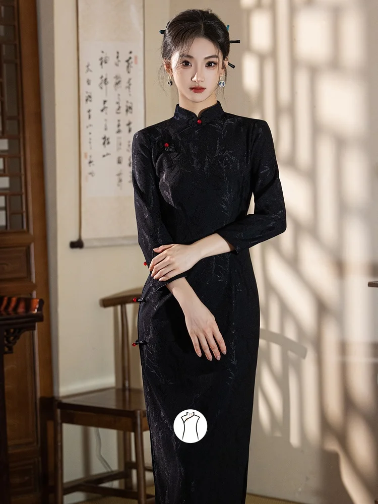 

Slimming Bla Dr New Chinese Sle National Trend High-End Sensation Long Sve Low Slit Daily Wear Warmth