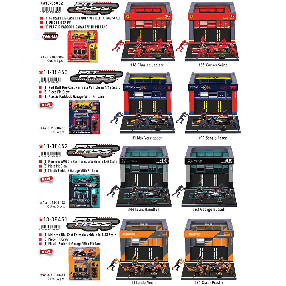 Bburago 1:43 2024F1 DIY Pit House modelo de carro em liga Mclaren MCL38 # 4 Lando Norris # 81 Oscar Piastri Ferrari Red Bull Mercedes Benz