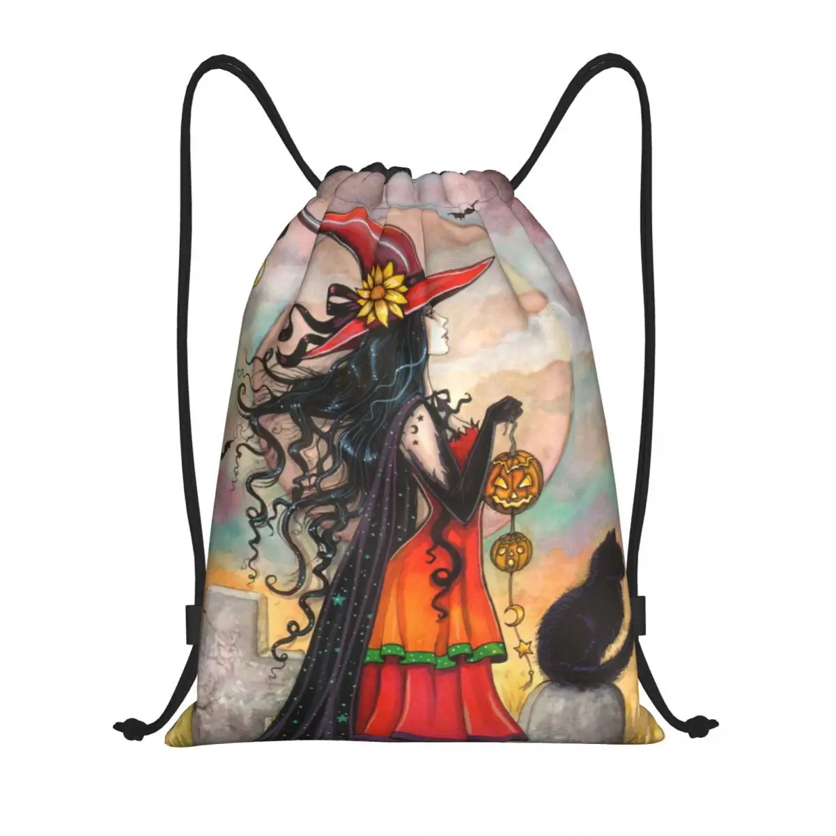 

Halloween Witch And Black Cat Drawstring Bag Men Women Foldable Sports Gym Sackpack Occult Gothic Wiccan Shopping Backpacks