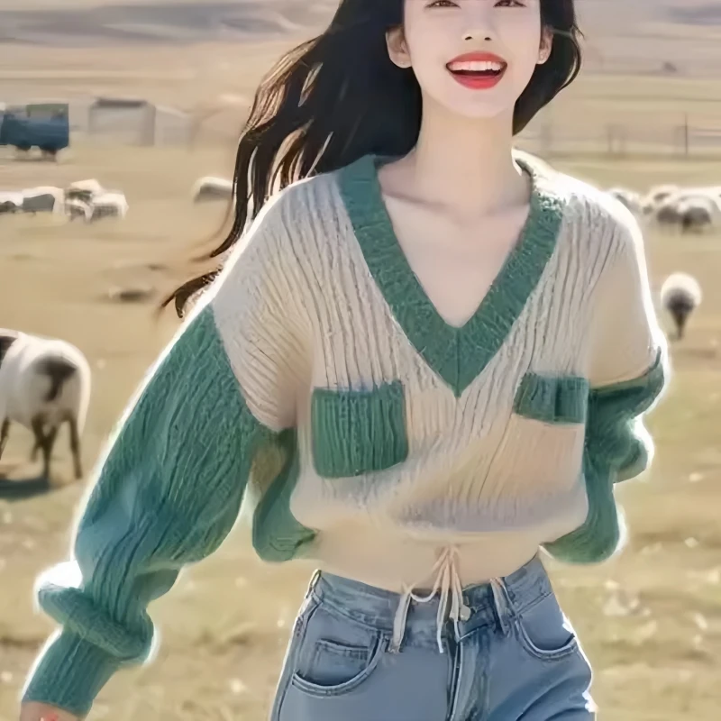 

Fashion Autumn Long Sleeve Elegant Women V-neck Color Block Green Loose Pullover Sweater Winter Warm Casual Knitted Top