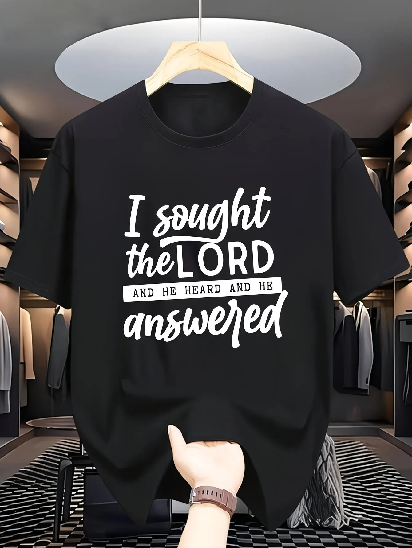 Men'S Size I Sought The LORD And He Heard And He Answered T-Shirt Black with Cursive Lettering Religious Apparel Casual Casual Attire Suitable for Worship Study  Spiritual Gifts S 226 Summer Short Sleeved Printed T-Shirt 18G