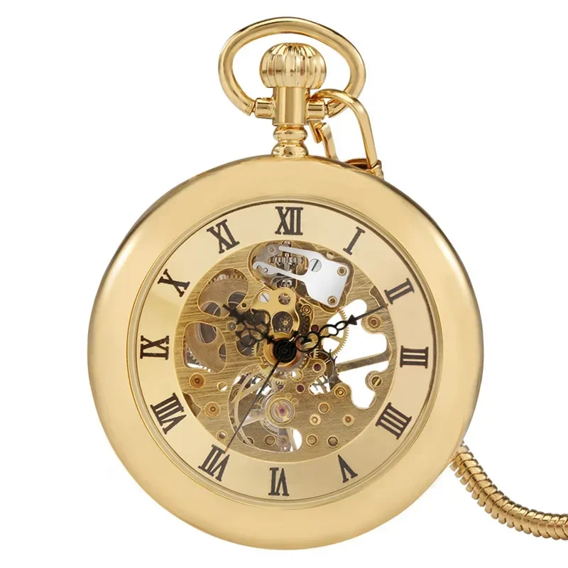 Luxury Skeleton Clock Men Women Handwind Mechanical Pocket Watch Open Face Roman Numeral Timepiece FOB Chain
