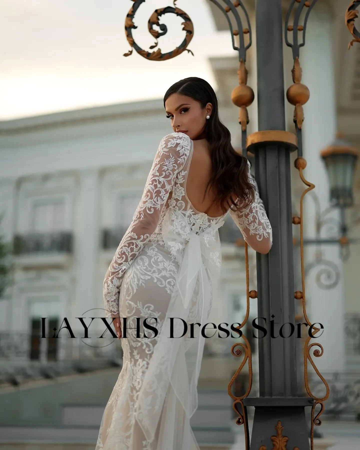 LAYXHS Vintage Square Neck Brautkleider Spitze Lange Ärmel Meerjungfrau Backless Bogen Brautkleider Angepasst vestidos de novia