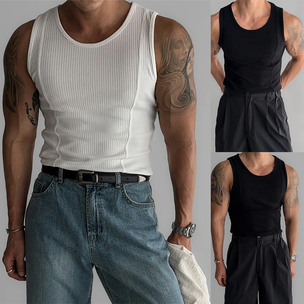 Fashion Mens Top Vest Fitness Leisure Minimalist O-Neck Regular Ribbed Sleeveless Sports Stripe Tank Causal Vertical Top