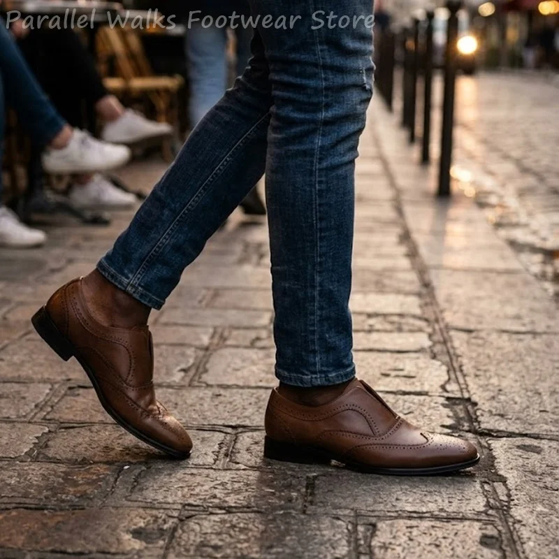 Mens Brown Leather Brogue Shoes Slip On Elastic Perforated Wingtip Formal Evening Party Dress Shoes Oxford Classic Loafers Shoes view 4