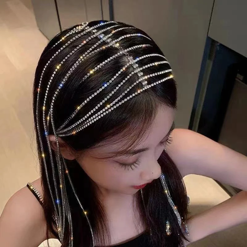 New Fashion Full Rhinestone Shiny Tassel Hair Band Women\'s Headdress Wedding Party Accessories Hair Jewelry