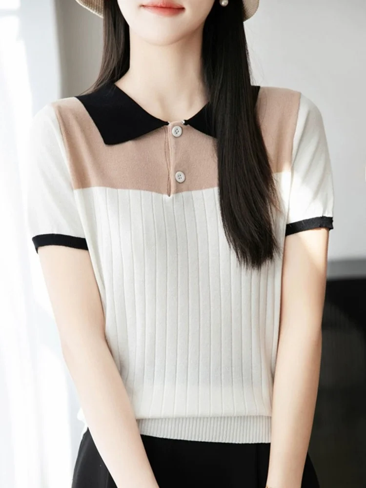 

Summer 2025 Women's Ne ort Sve Knitted Ice Silk Top Faionable Color Blo f Buttoned Korean Sle Straight Cut