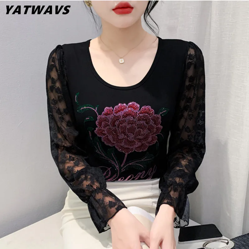 

2023 New Autumn Winter European T-Shirt Clothes Women Fashion Sexy Shiny Rose Diamonds Tops Long Sleeve Bottoming Shirt Tees