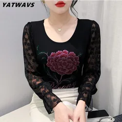 2023 New Autumn Winter European T-Shirt Clothes Women Fashion Sexy Shiny Rose Diamonds Tops Long Sleeve Bottoming Shirt Tees