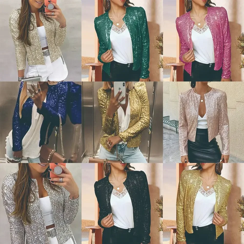 

Autumn Women Sequin Blazers Jackets Stand Collar Sequin Coats Short Elegant Suit Coat Night Club Glitter Shiny Punk Outwear