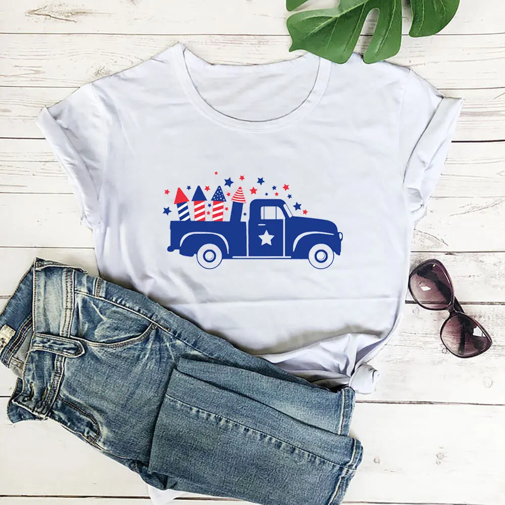 

4th of July Truck New Arrival 100%Cotton Women Tshirt Unisex Funny Summer Casual Short Sleeve Top July 4th Shirt Holiday Tee