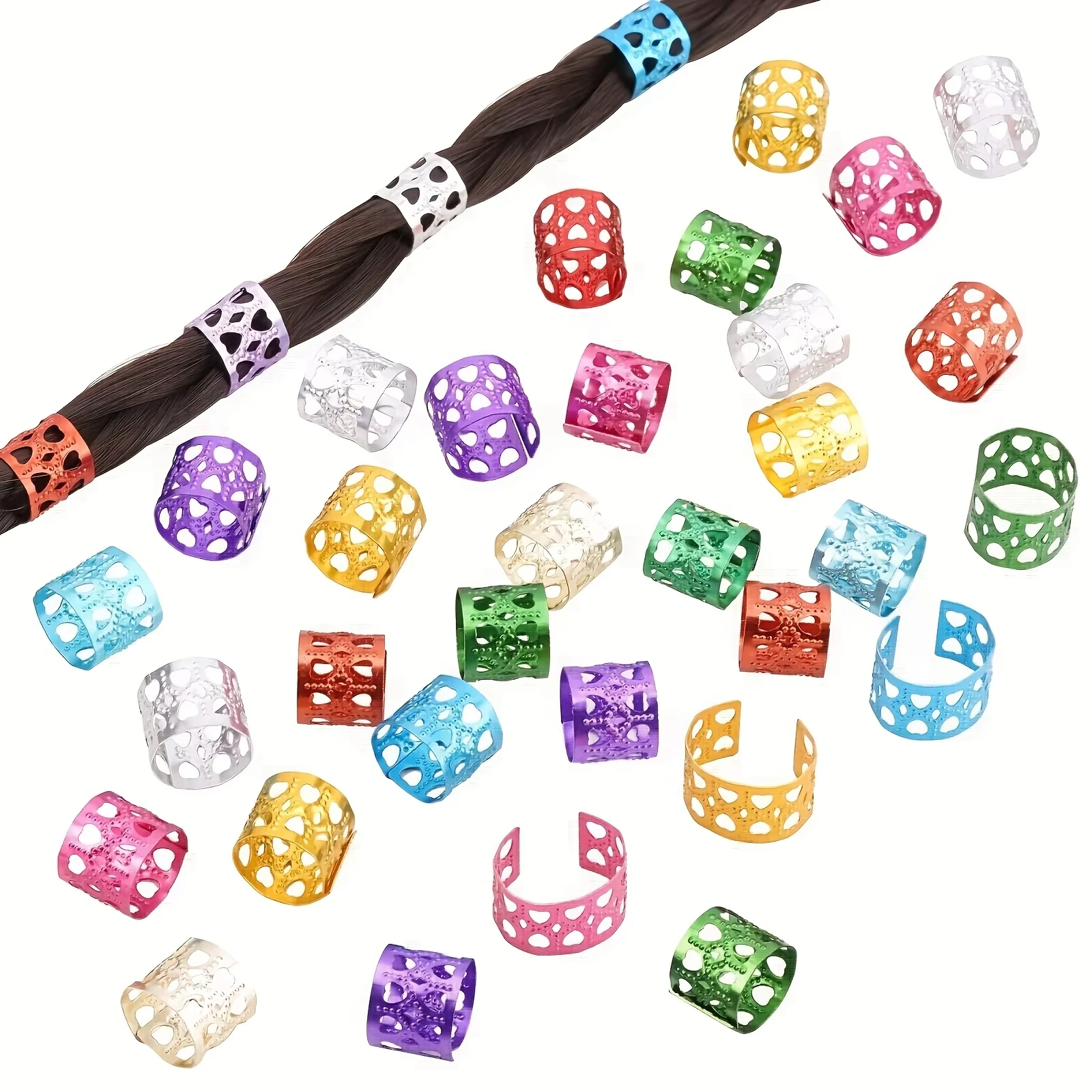 100 Colorful Metal Hair Rings, Woven Beads Hair Ring Clips Braided Hair Punk Hip Hop Hair Designs and Decorations Diy image 4