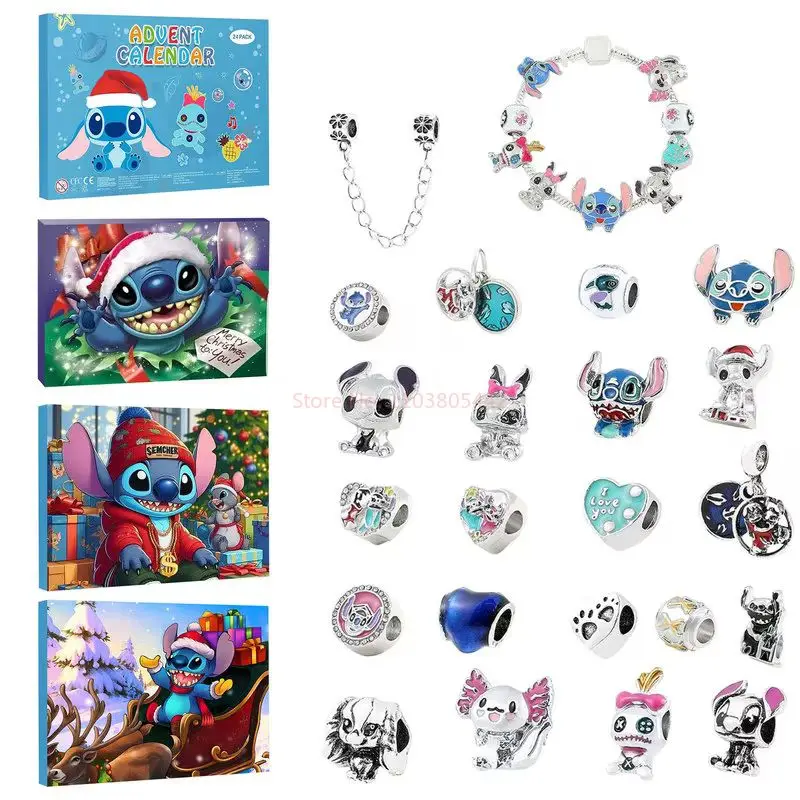 Stitch natal advento calendário disney pulseiras 24 dias natal contagem regressiva calendário colar diy jóias fazendo kit para o presente da menina