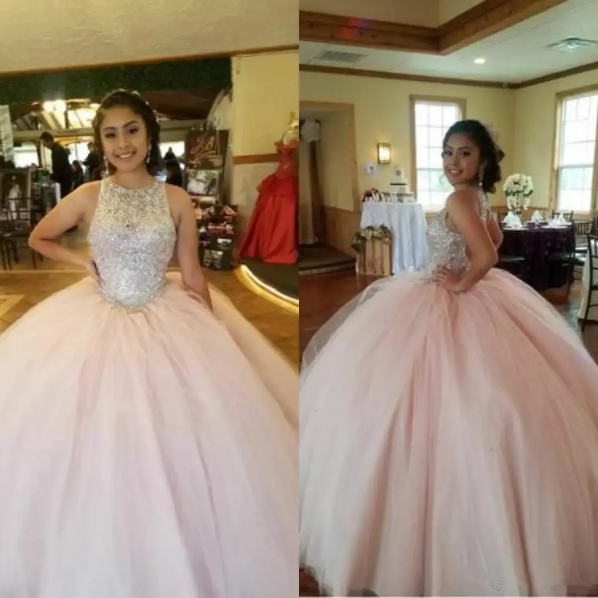 ชุดคอสคูปชุดไปงานเต้นรำ Quinceanera Vestidos de 15 anos แฟชั่นส่องแสงเป็นประกายระยิบระยับ Bling bodice Cinderella ชุดปาร์ตี้