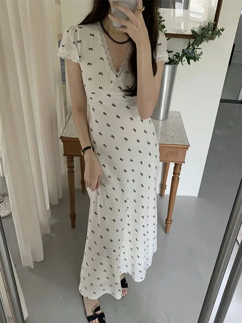 Alien Kitty Vacation Slim-Fit Long Dress Romance Chic Women Casual Vintage Summer V-Neck 2024 New Daily Office  Lady Elegant