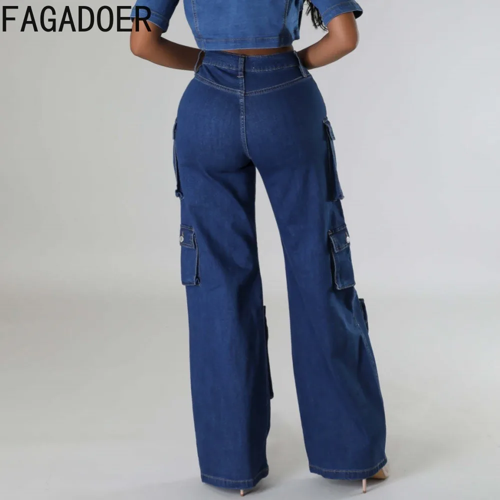 FAGADOER Vintage Blue Fashion Pocket Denim Cargo Pants Women High Waisted Button Straight Trousers Autumn Casual Jean Bottoms