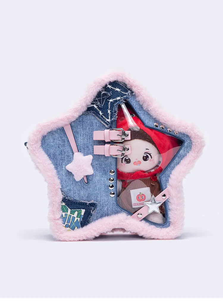 Original Denim Blue Pink Contrasting Color Pentagram Ltabag Rough Edge Leather Buckle Rivet Double Shoulder Messenger Bag Female