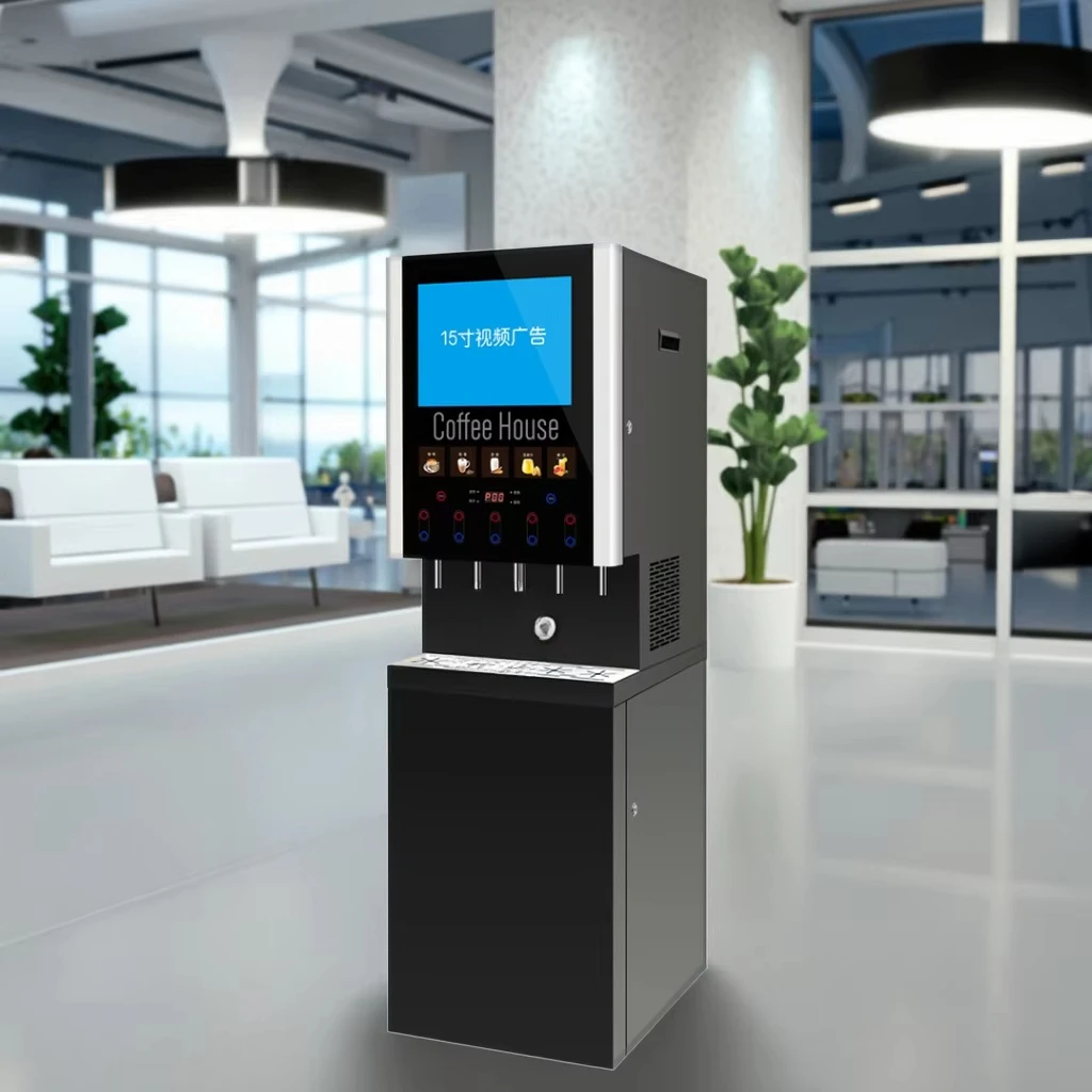 vOffering Hot and Cold Brewing Options Portable Five-Grain Instant Coffee Maker with 15-inch Advertising Screen