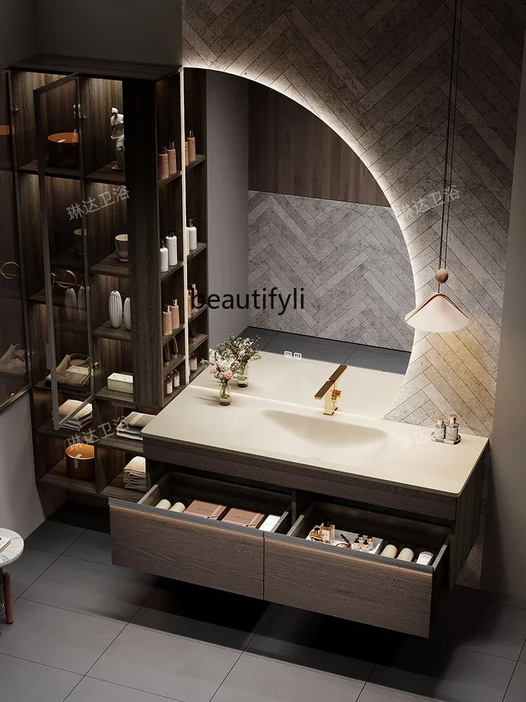 

High-end light luxury bathroom cabinet combination solid wood washbasin custom storage integrated cabinet