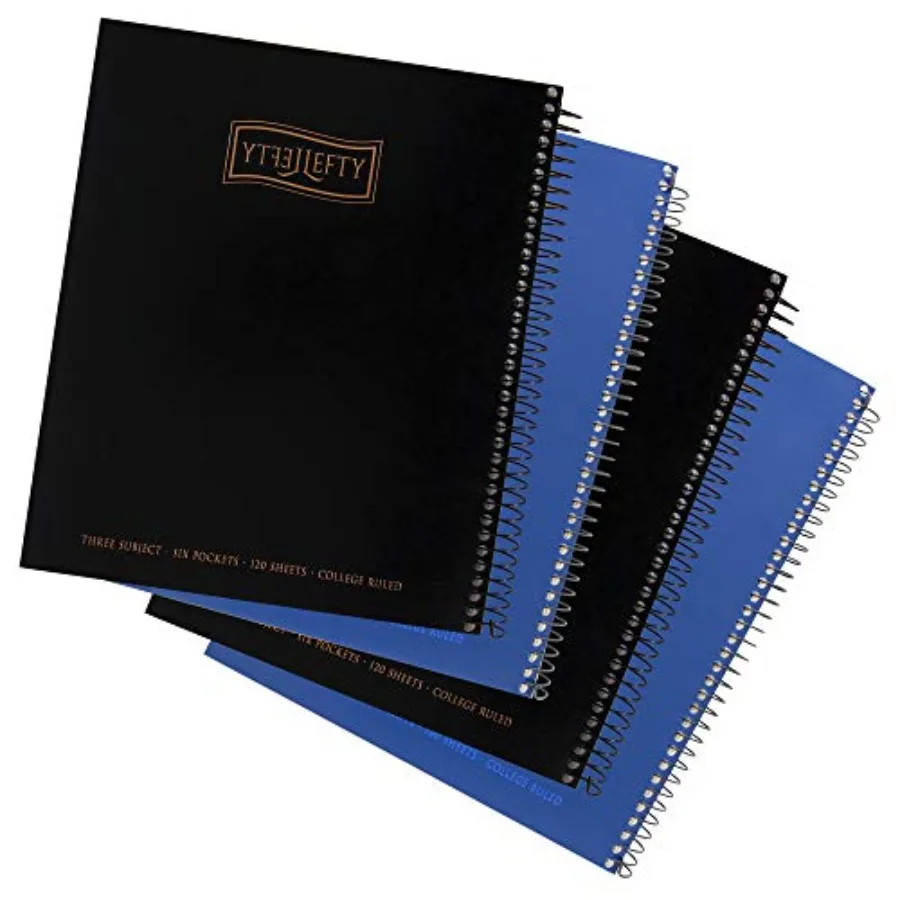 

Left-Handed 3 Subject Spiral Notebooks Plain Color, Set of 4, Black and Blue
