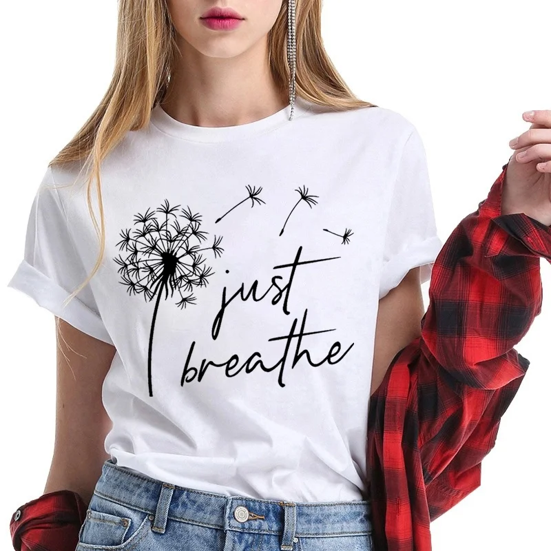 Cute Dandelion Just Breathe Printed T-Shirts Women Short Sleeve Funny Round Neck Tee Shirt Casual Summer Tops