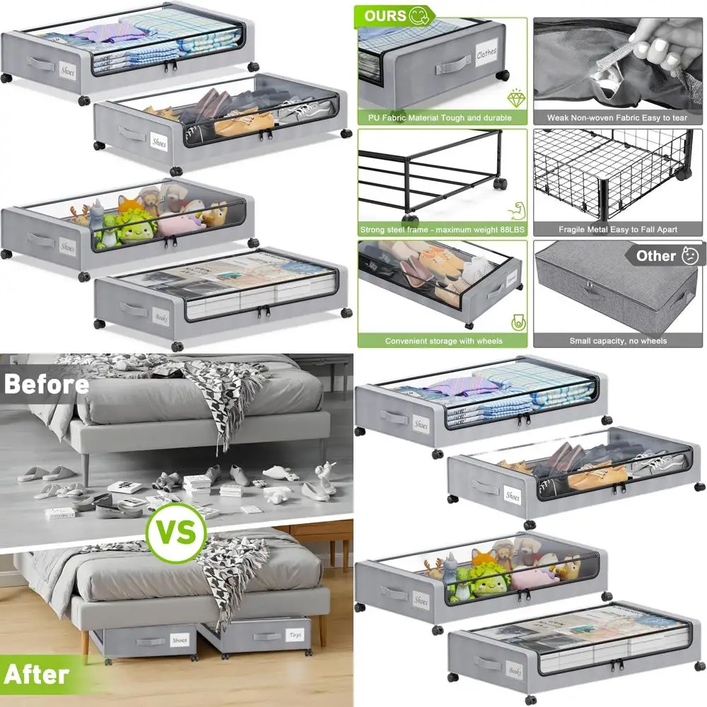Graue XXL 60L rollende Metall-Aufbewahrungsschubladen unter dem Bett, 4er-Pack transparente Deckelbehälter für Kleidung, Schuhe, Spielzeug, Bücher