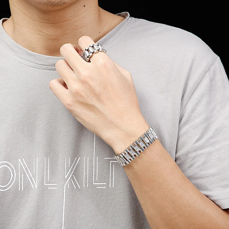 KALEN Golden High Finish Men Vintage Zircon Watch Strap Stainless Steel Bracelet Ring Set Party Holiday Jewelry Gifts