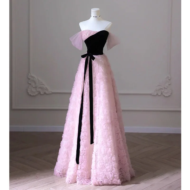 

Pink Off Shoulder Banquet Evening Dress For Women New A-line Splicing Temperament Prom Gown Exquiaite Elegant Graduation Vestido