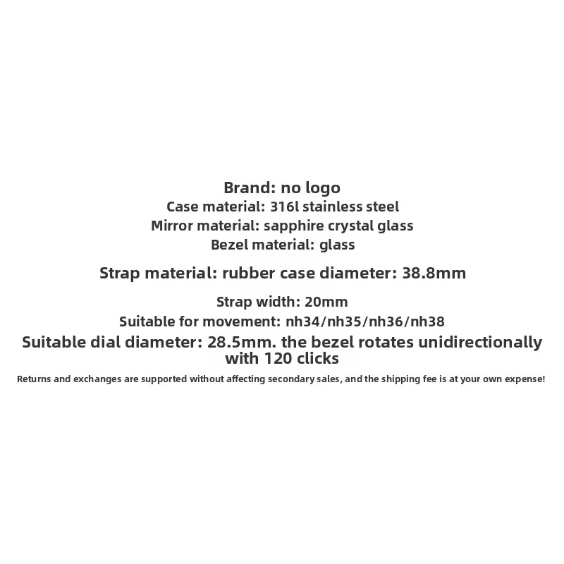 Correa de caucho negra de acero inoxidable 316L modelo enlatado para caja de reloj mecánico NH35