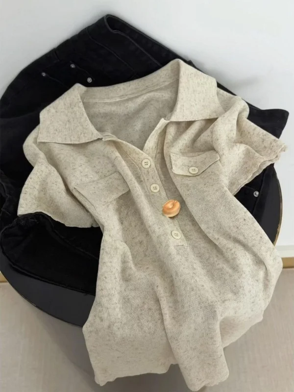 

Slimming Short Sleeve Neck Knitted Shirt Women's Versatile Top Summer Oulet Olive Green Lyocell Fiber Korean Style Commute