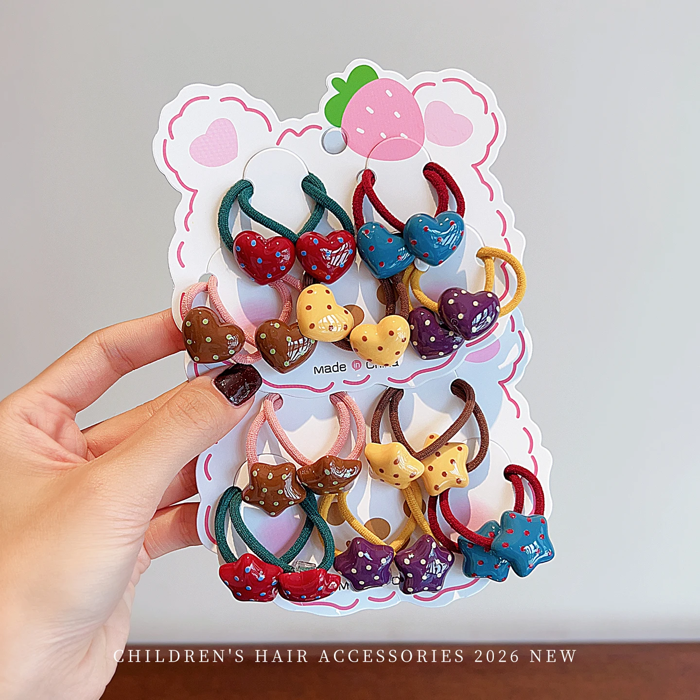 Cute Children Hair Rubber Bands 10Pcs/Set Polka Dot Resin Decor Hair Ties Cartoon Shape Ponytail Holders for Baby Girls Gift