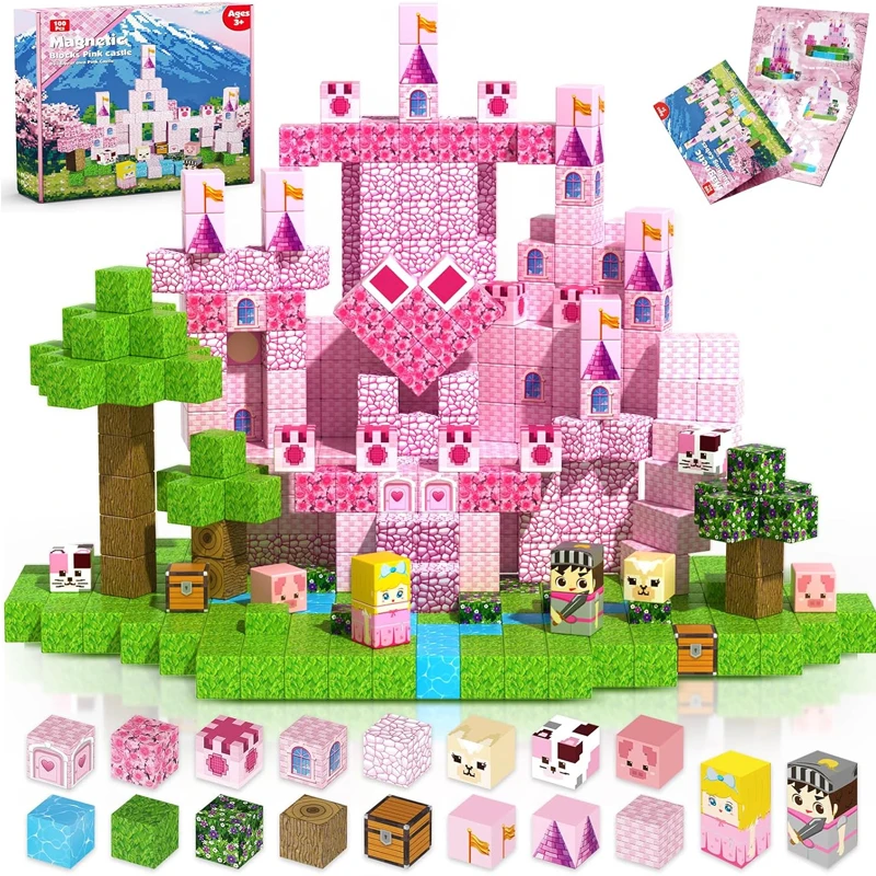 

100Pcs Children's Magnetic Building Block Set Featuring A Pink Princess Castle And Magnetic Cube Perfect For Stacking AndPlaying