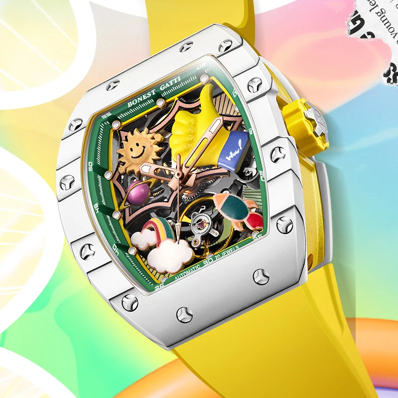 

BONEST GATTI Men Cool 3D Graffiti Dial Carbon Fiber Case Sapphire Crystal Full Automatic Mechanical Wristwatch