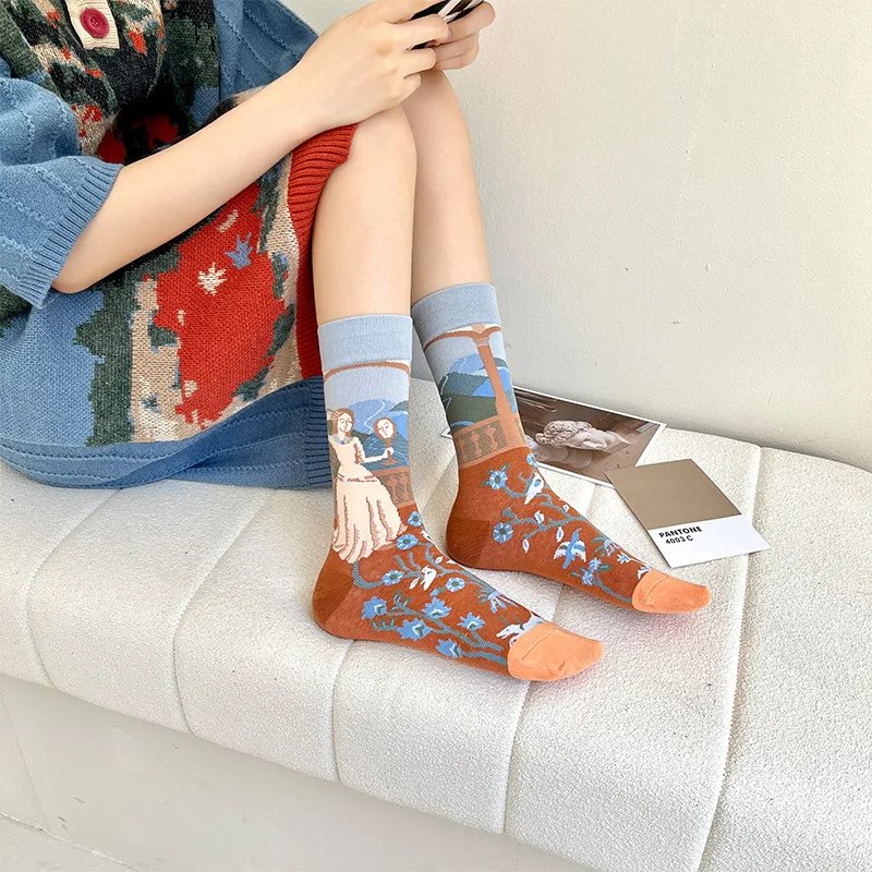 

4pcs/set Monet Series Style Women Socks Spring Autumn Fashion Retro Mid Tube Socks Cotton Stockings Designer Socks