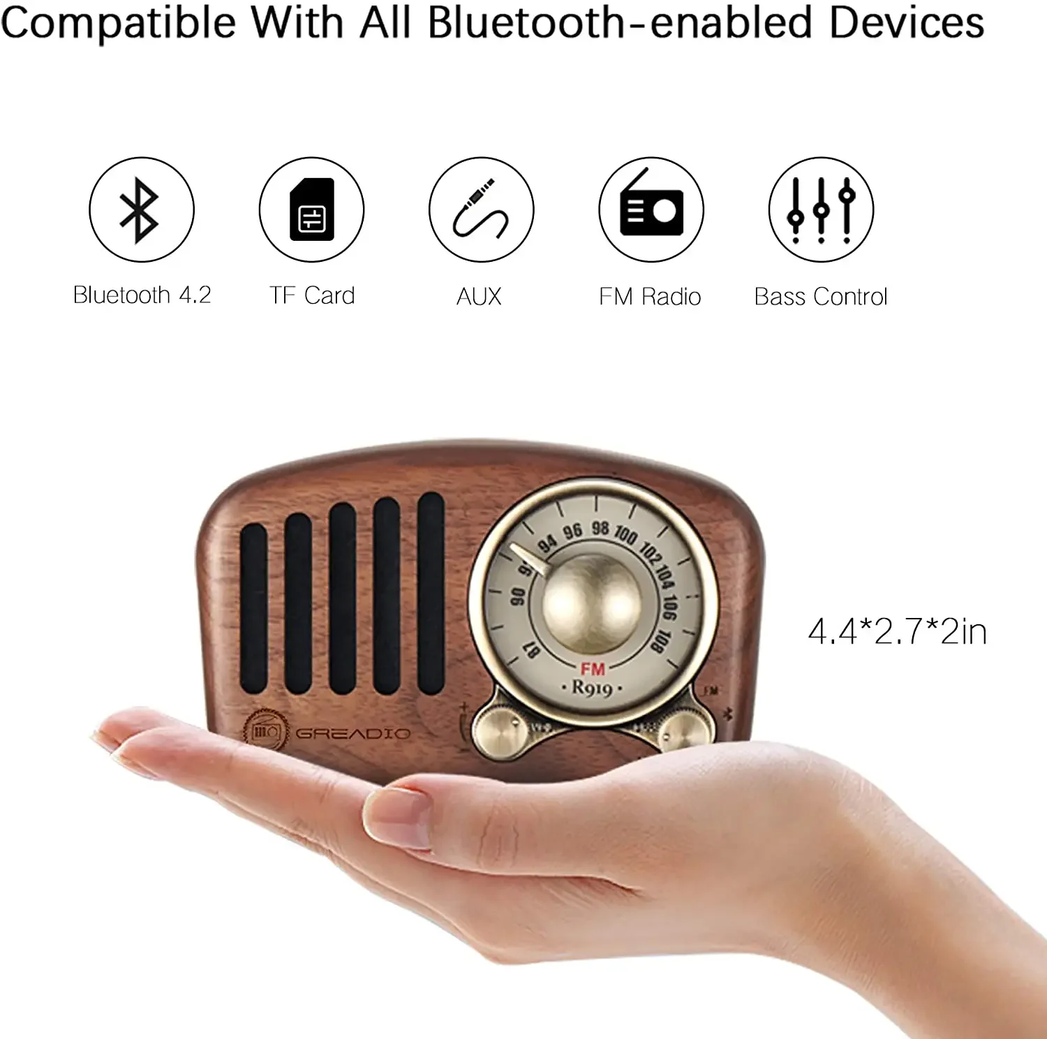 Retro Old Fashioned Classic Style Walnut Wooden Portable Rechargeable FM Radio Bluetooth Speaker Support TF Card MP3 Music Play