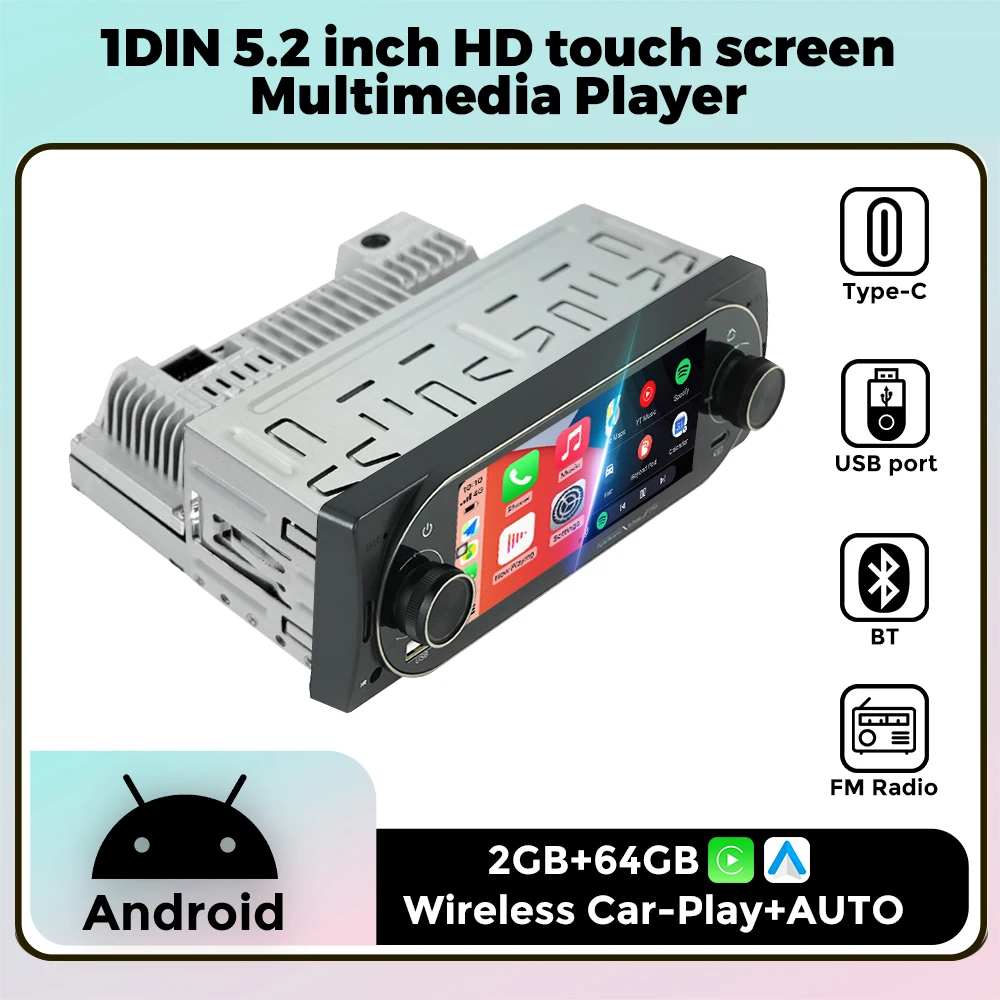 

Android System 5.2 Inch HD Touch Screen Multimedia Player Universal Head Unit Car Radio SWC BT Car-play/Android AUTO FM Radio