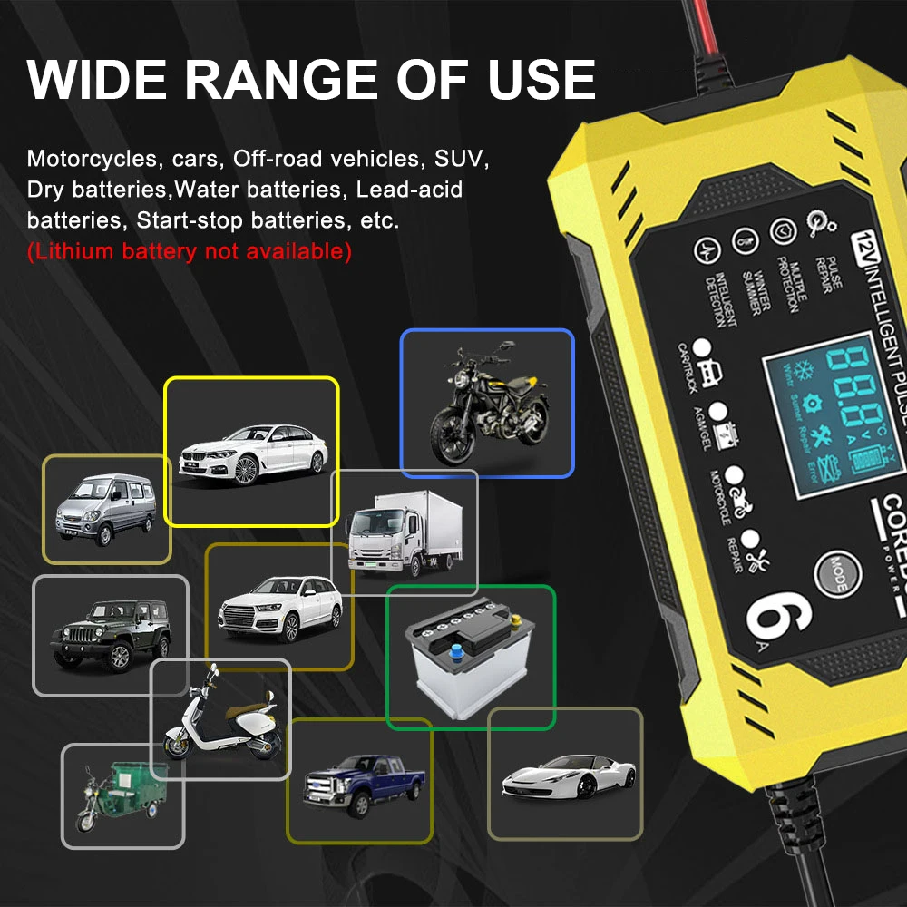 6A 12V 배터리 충전기 보트 오토바이 배터리 유지관리 스마트 펄스 수리 자동차 배터리 충전기