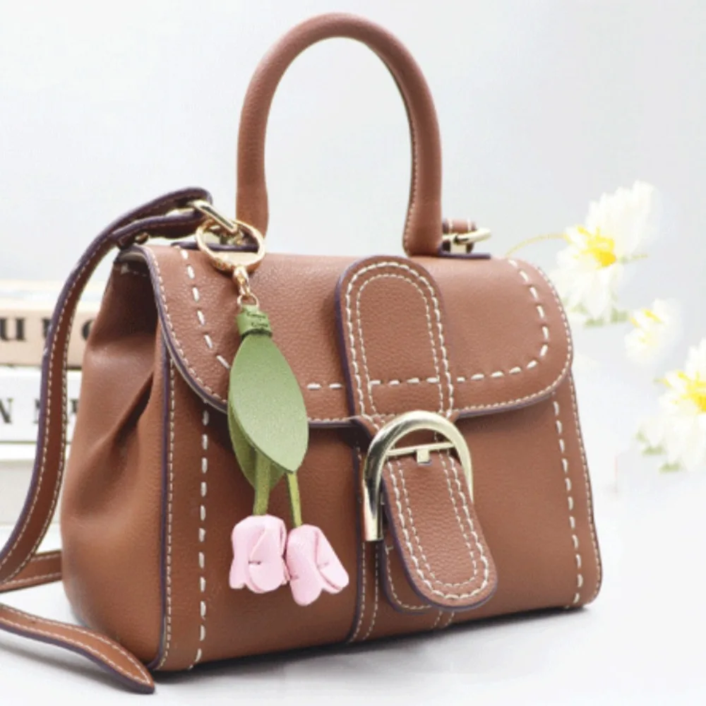 

Sweet Tulip Bag Pendant Dopamine PU Leather Fresh Backpack Decoration Bag Match Accessories Bag Charms Floral Lanyard Gift