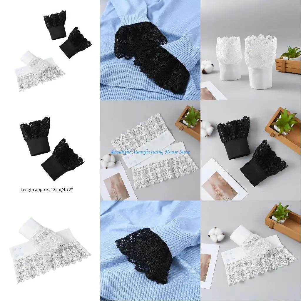 E56A Cosplay Maid Hollow Wrist Cuffs with Lace Flower Pattern Decors Detachable Cuffs