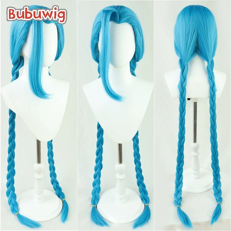 Bubuwig Synthetic Hair Jinx Cosplay Wigs Game LOL Arcane Jinx Role Play 130cm Long Straight Blue Braided Cos Wig Heat Resistant