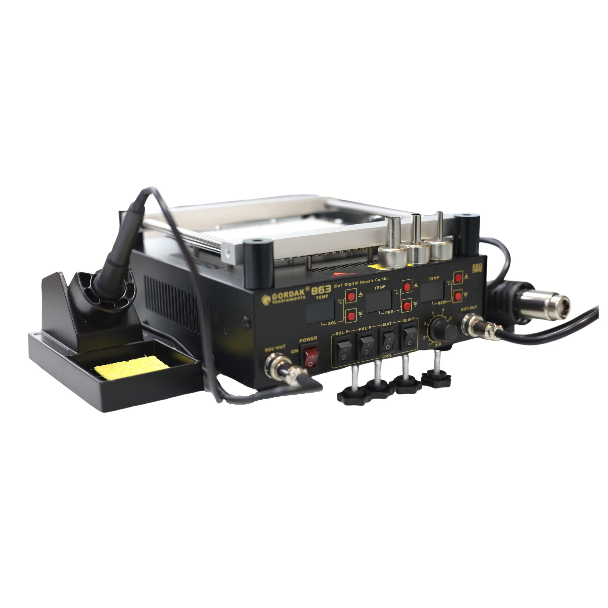 Stazione di saldatura Gordak 863 Stazione di rilavorazione Bga 3 in 1 Stazione di saldatura preriscaldatore PCB Stazione di saldatura Heatr Gun Riparazione del telefono