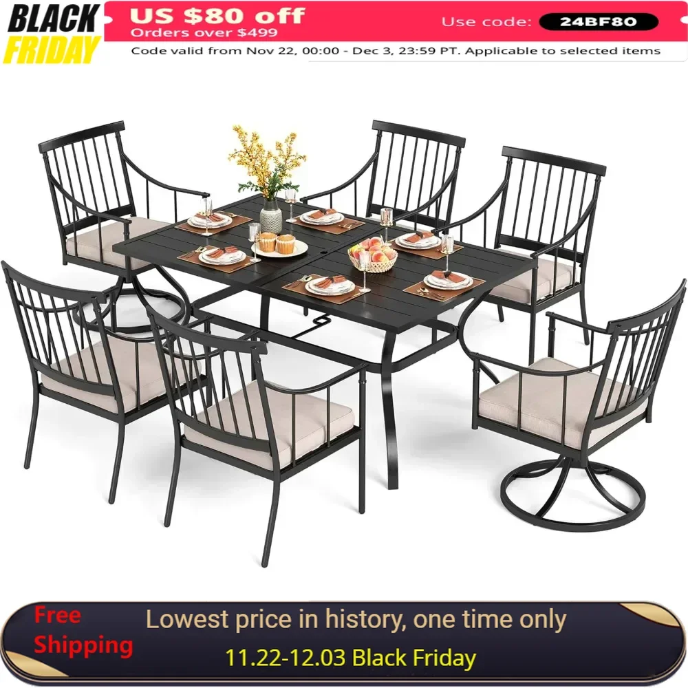 7 Pieces Outdoor Dining Set ,Metal Dining Table,Umbrella Hole& Cushioned Iron Swivel Chairs Furniture Set ,Garden Furniture Sets