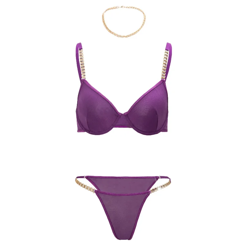 

Ультратонкий сексуальный собранный бюстгальтер с металлической цепочкой, модное соблазнительное нижнее белье, стринги, сетчатая ткань, ансамбль нижнего белья