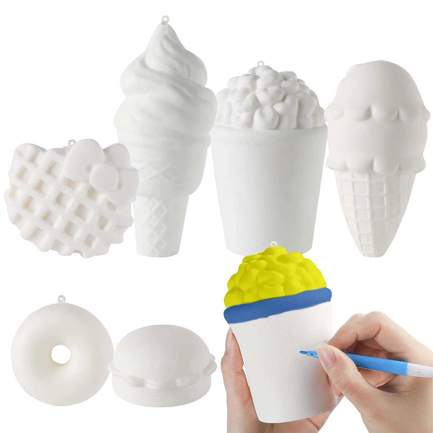 6Pcs DIY Slow Rising Jumbo Food Soft Squeeze Set-Hamburger Popcorn Donuts Waffle Ice Cream Creamy Scent White Novelty Toys Gift