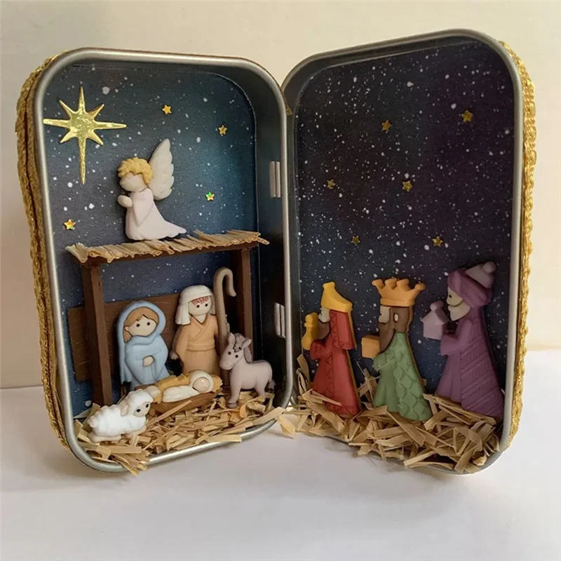 A55F-Family Nativity Scene Handmade Cabin Box Theater Desktop Ornaments For Xmas Decor