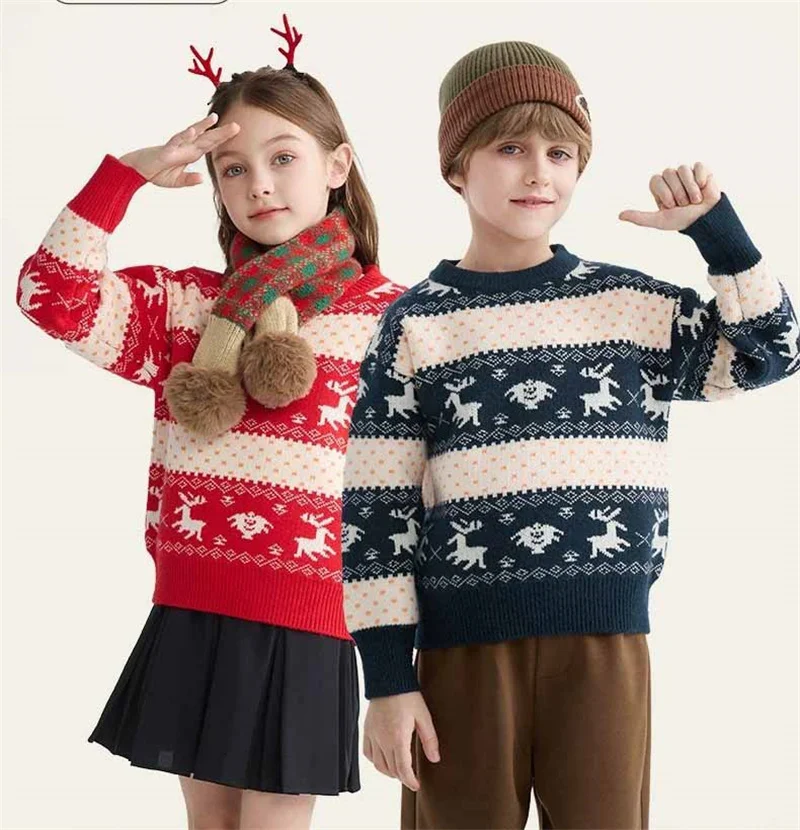 

Детские рождественские свитера, осенне-зимний теплый вязаный пуловер для мальчиков и девочек, рождественский трикотаж с принтом, толстовка, повседневные топы, детская одежда